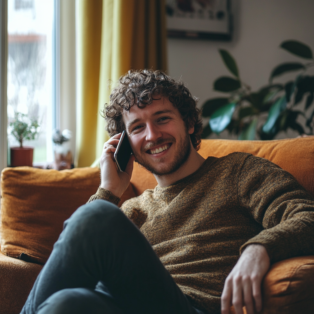 Un hombre hablando por teléfono en el salón de su casa | Fuente: Midjourney