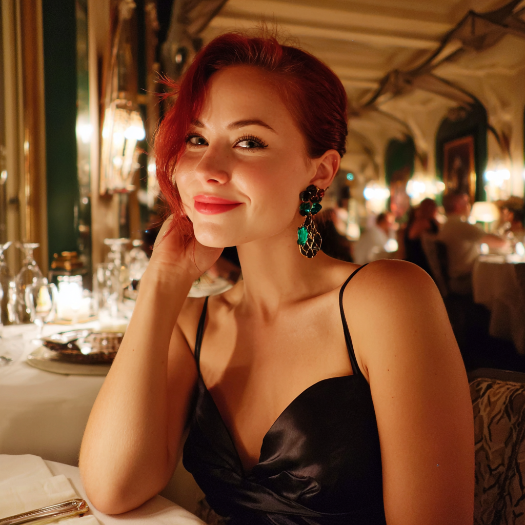 Una donna divertita che indossa un abito nero | Fonte: Midjourney