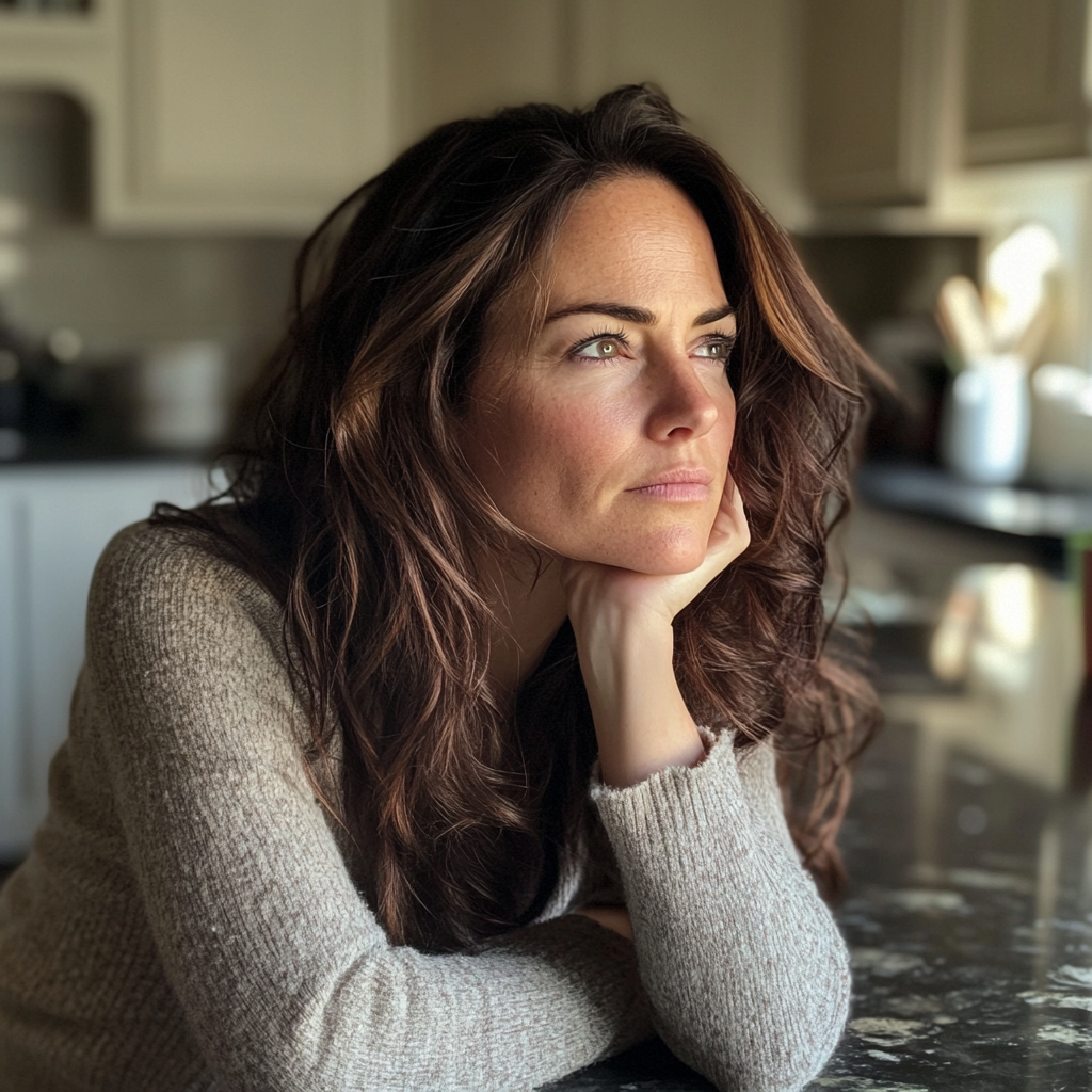 Una mujer cansada apoyada en la encimera de la cocina | Fuente: Midjourney