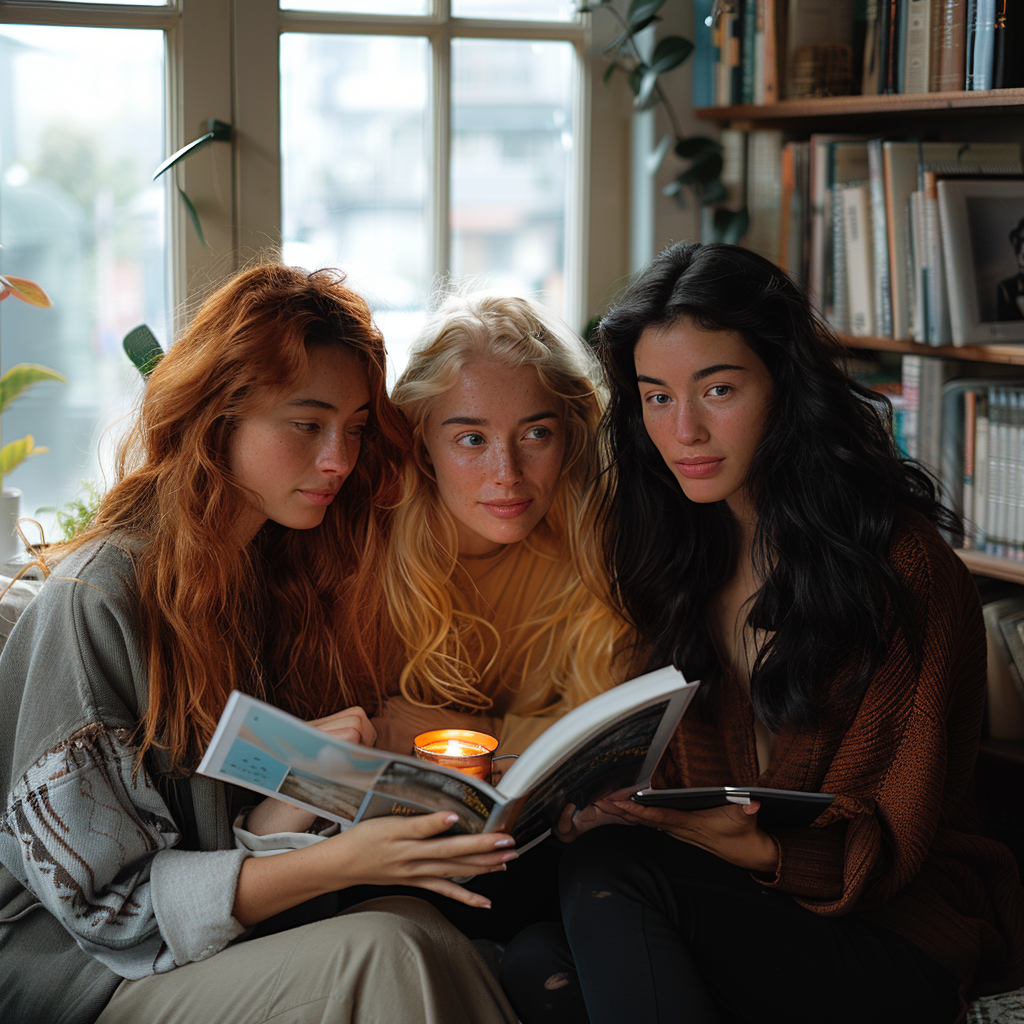 Robin, Meredith y Amelia mirando el álbum de fotos | Fuente: Midjourney