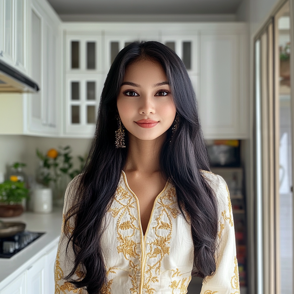 Una mujer sonriente de pie en una cocina | Fuente: Midjourney
