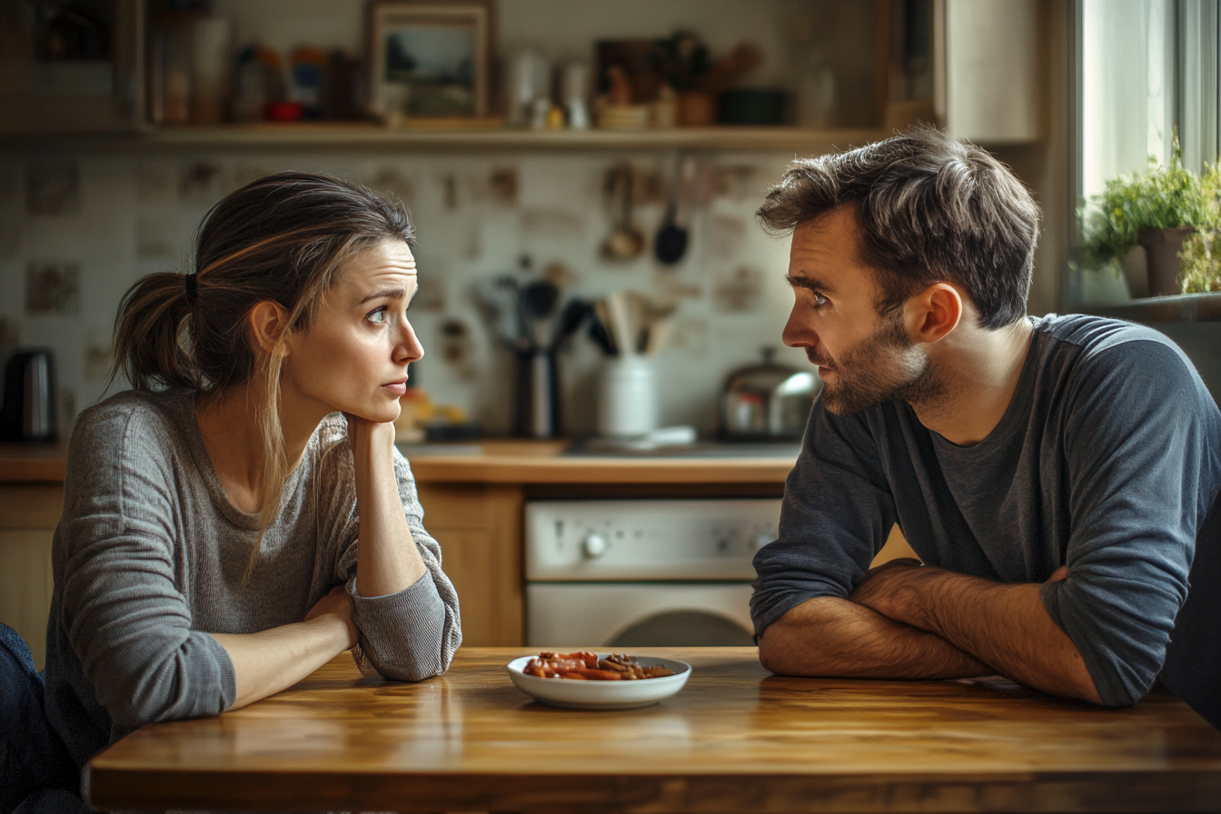 Una pareja hablando en la mesa de la cocina | Fuente: Midjourney