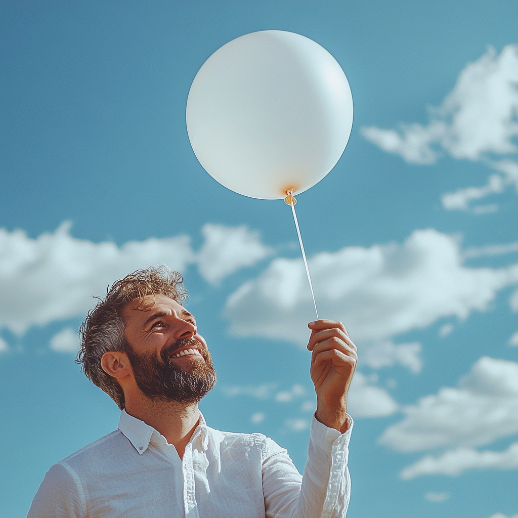 Un hombre sonriente a punto de soltar un globo en el cielo | Fuente: Midjourney