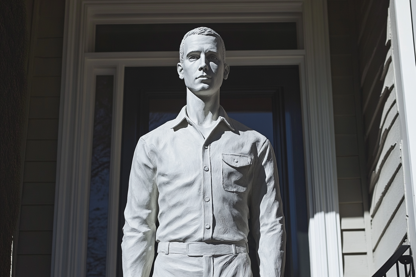 Una escultura de tamaño real de un hombre en un porche | Fuente: Midjourney