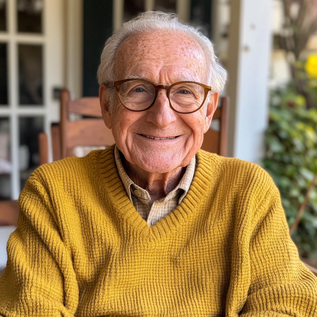 Un anciano sonriente sentado en un porche | Fuente: Midjourney