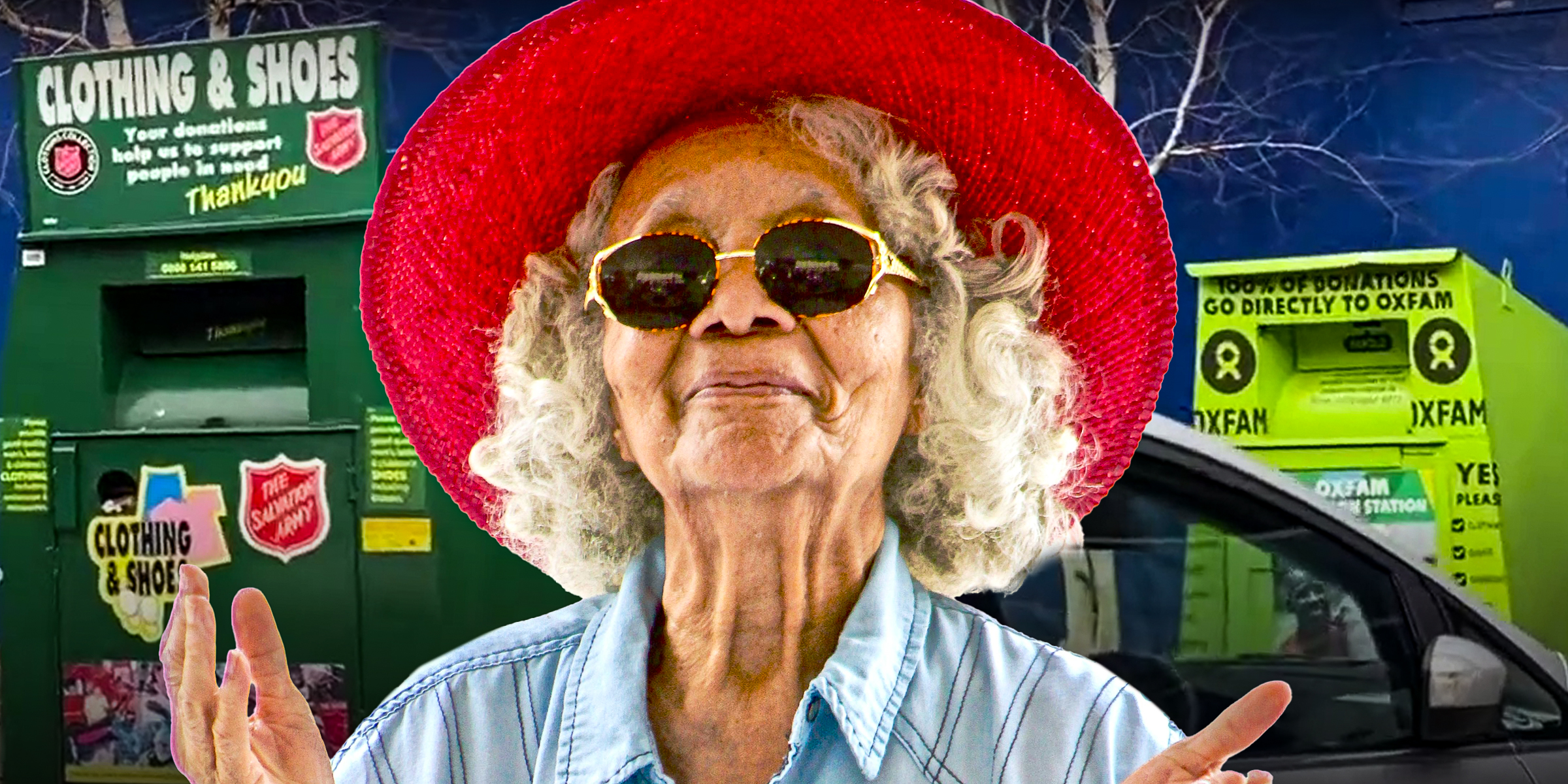 Una mujer con aspecto de abuela posa delante de un banco de ropa | Fuente: AmoMama