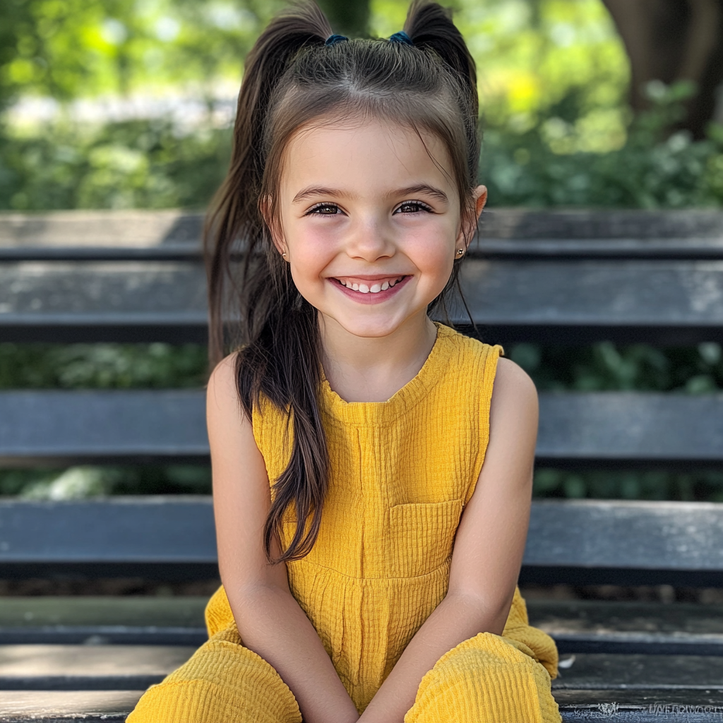 Una preciosa niña sentada en un banco del parque | Fuente: Midjourney