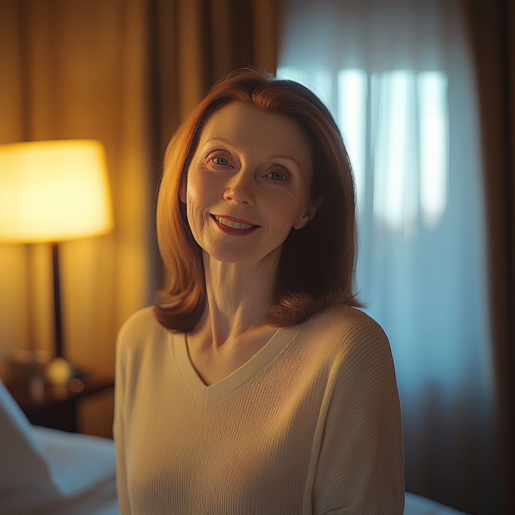 Una mujer sonriendo en una habitación de hotel | Fuente: Midjourney