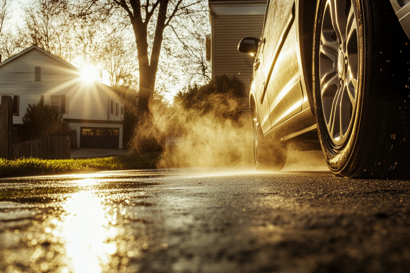 Neumáticos de automóvil chirriando en la entrada de una casa | Fuente: Midjourney