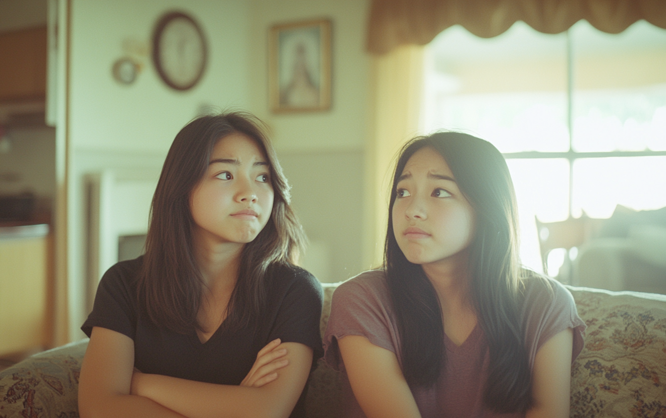 Dos adolescentes gemelas sentadas en un sofá, con mirada pensativa | Fuente: Midjourney