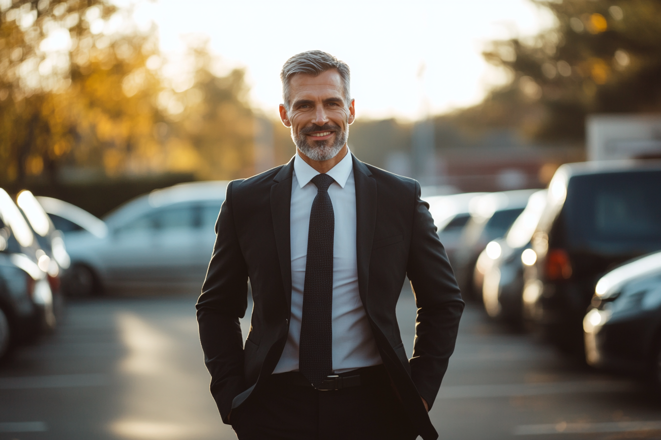 Un hombre sonriendo, caminando por un aparcamiento | Fuente: Midjourney