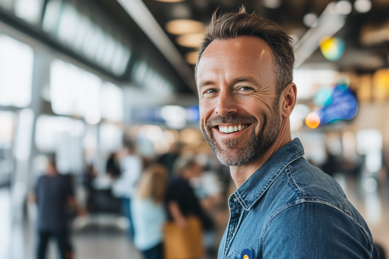 Un hombre de pie en un aeropuerto | Fuente: Midjourney