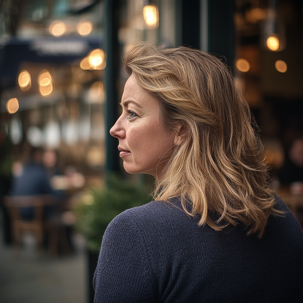 Primer plano de una mujer en la puerta de un restaurante | Fuente: Midjourney