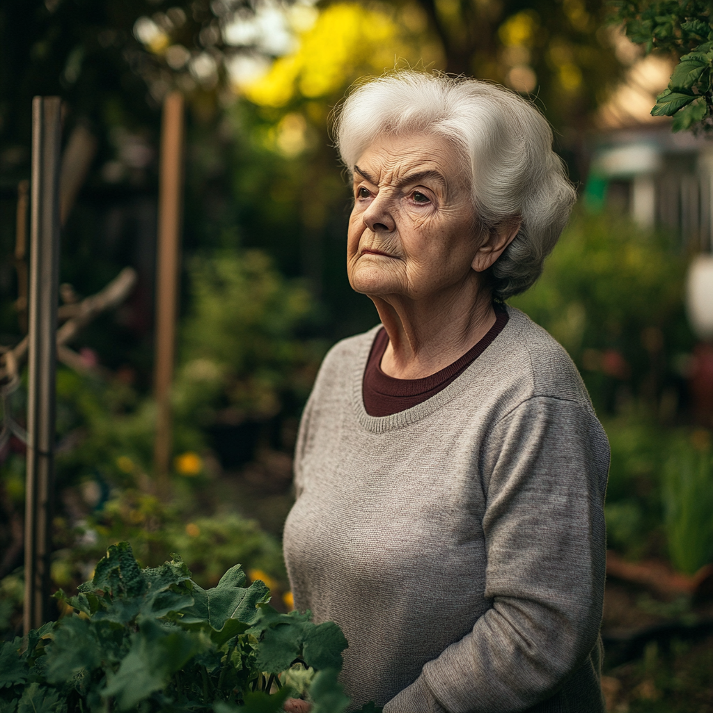 Una anciana reflexiva y curiosa en su jardín | Fuente: Midjourney