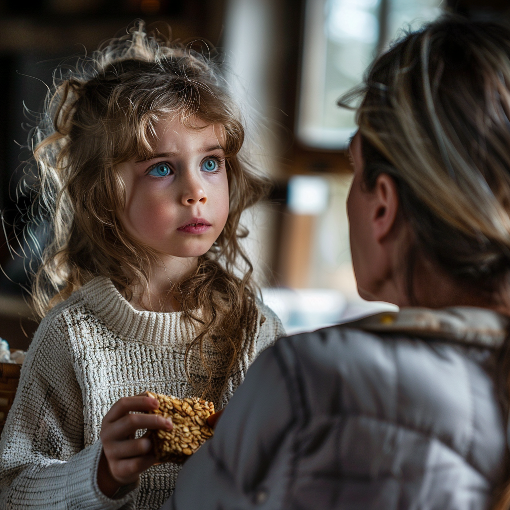 Una mujer mayor quitándole una barrita de muesli a una niña | Fuente: Midjourney