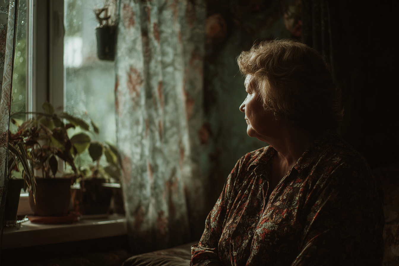 Una mujer sentada en su casa | Fuente: Midjourney
