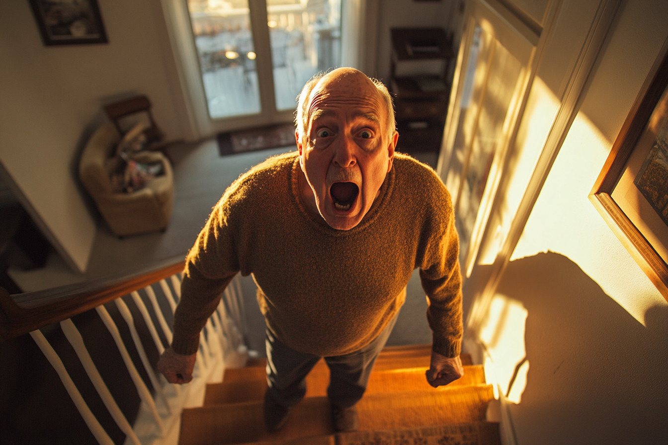 Un anciano gritando desde el final de la escalera de una casa | Fuente: Midjourney