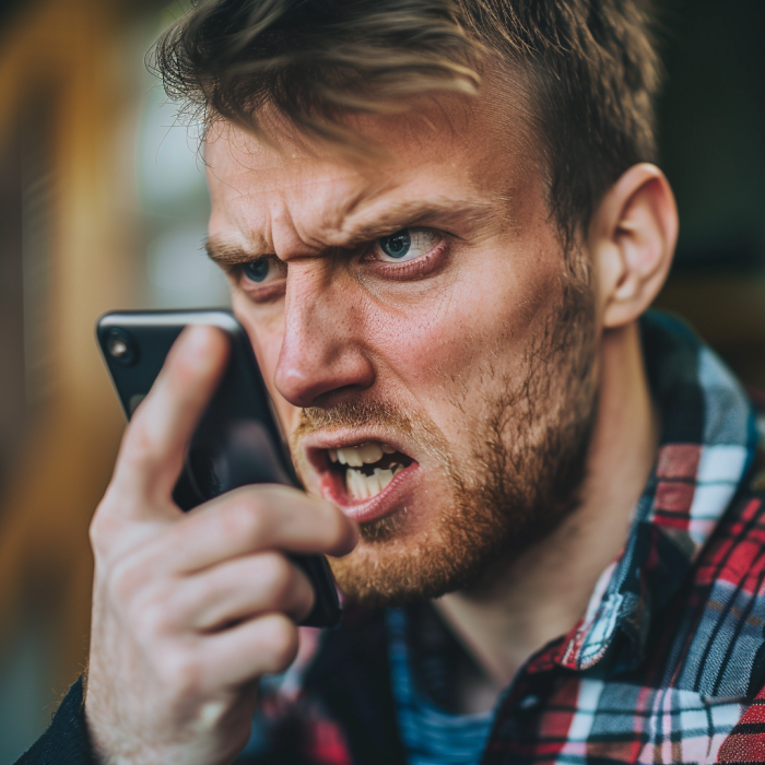 Un hombre enfadado grita mientras sujeta su teléfono móvil | Fuente: Midjourney