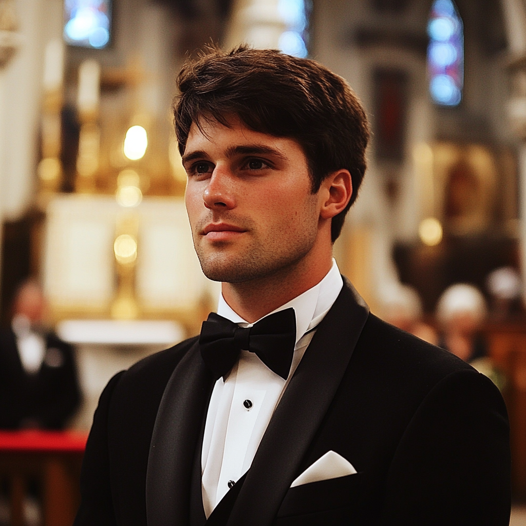 Primer plano de un novio con esmoquin negro | Fuente: Midjourney