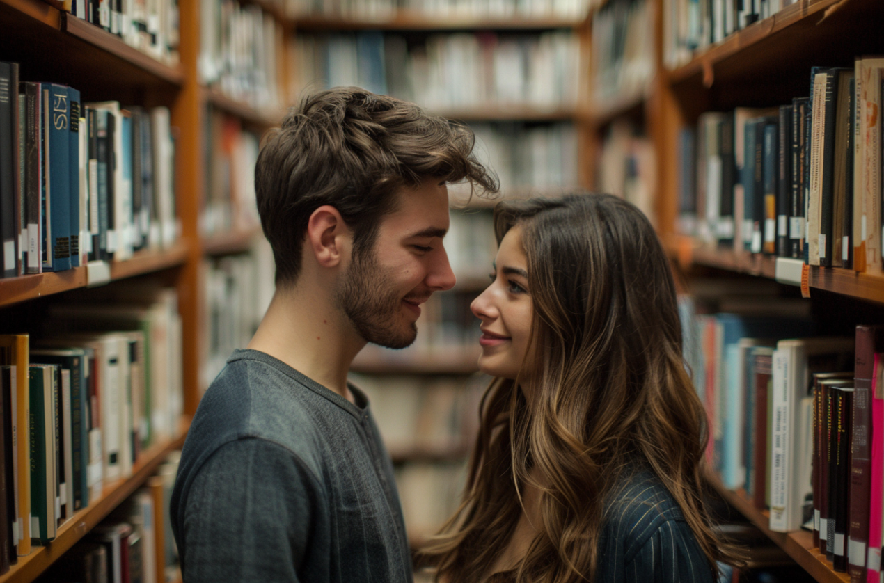 Un hombre invita a salir a una mujer en una librería | Fuente: Midjourney