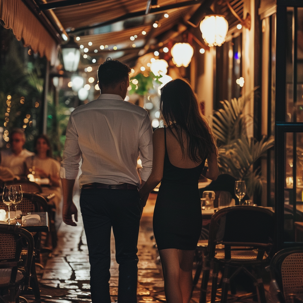 La pareja saliendo del restaurante | Fuente: Midjourney