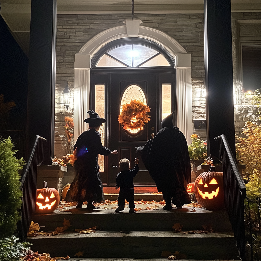 Padres con su hijo delante de la casa de su vecino durante Halloween | Fuente: Midjourney