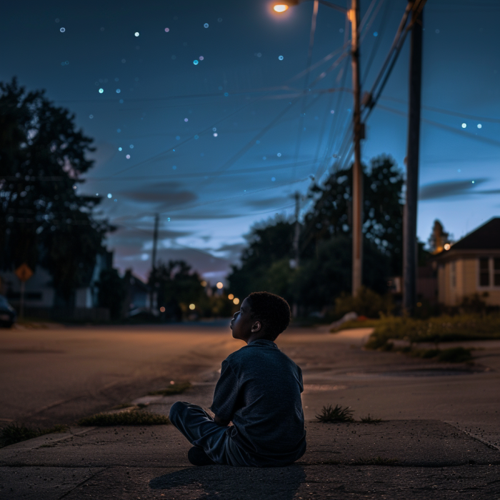 Un niño negro sin hogar mira el cielo estrellado por la noche | Fuente: Midjourney