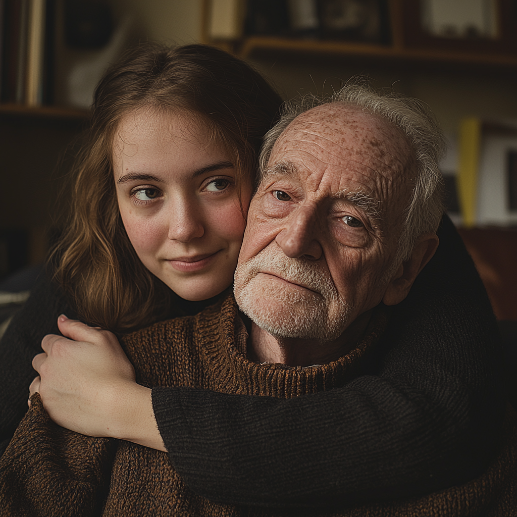 Una mujer abraza a un anciano | Fuente: Midjourney