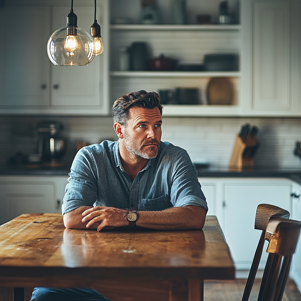 Un hombre sentado a la mesa de la cocina | Fuente: Midjourney