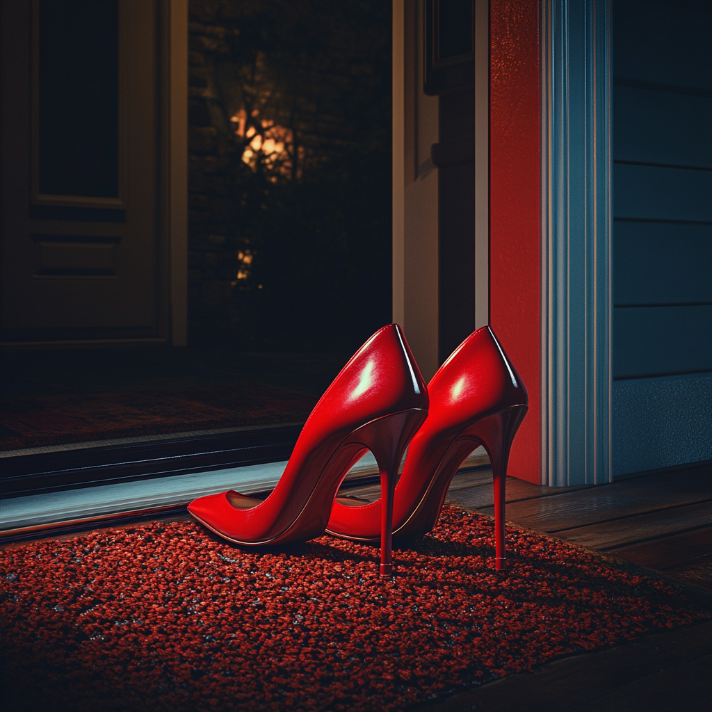 Tacones rojos sobre un felpudo | Fuente: Midjourney