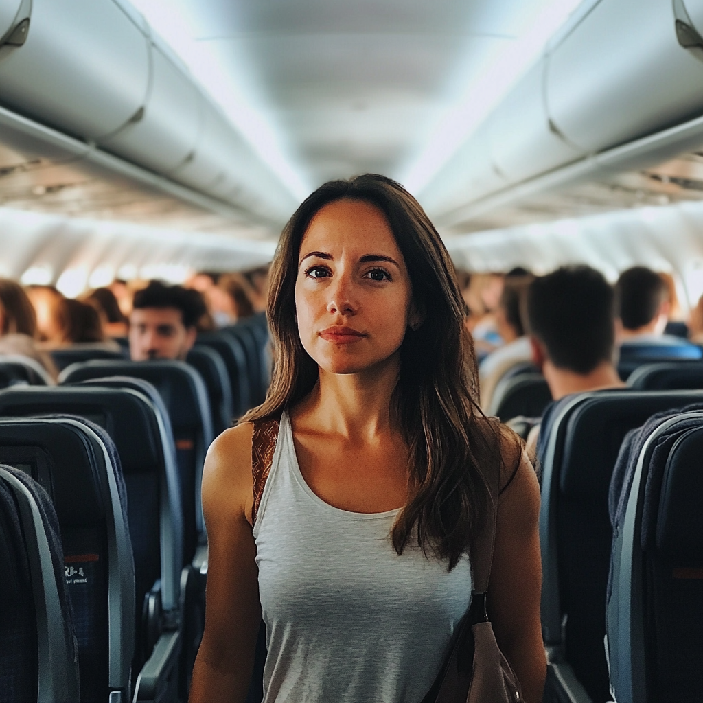 Una mujer de pie en el pasillo de un avión | Fuente: Midjourney