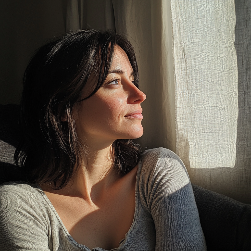 Una mujer sentada en un sofá | Fuente: Midjourney