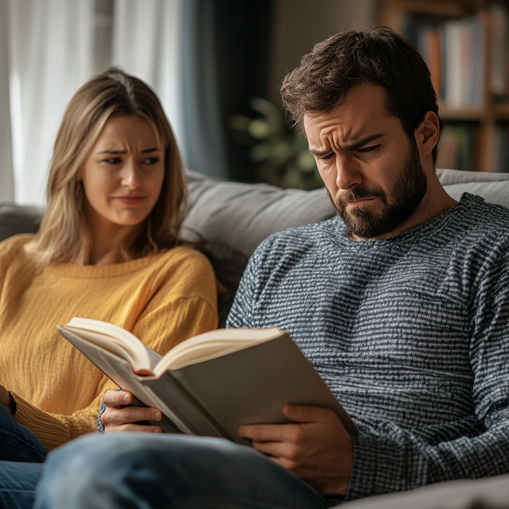 Hombre absorto en la lectura de un libro mientras una mujer sentada a su lado le observa, ligeramente molesta | Fuente: Midjourney