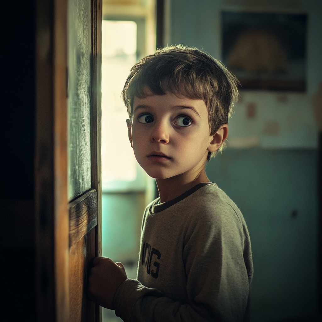 Un niño angustiado en la puerta de un pequeño apartamento | Fuente: Midjourney