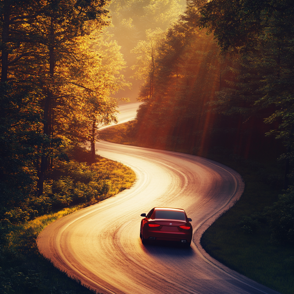 Un auto rojo a toda velocidad en una carretera con curvas | Fuente: Midjourney