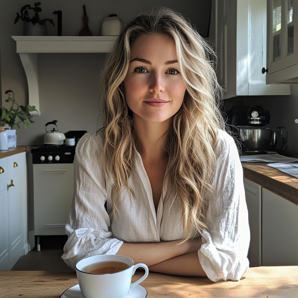 Una mujer sentada a la mesa de la cocina | Fuente: Midjourney