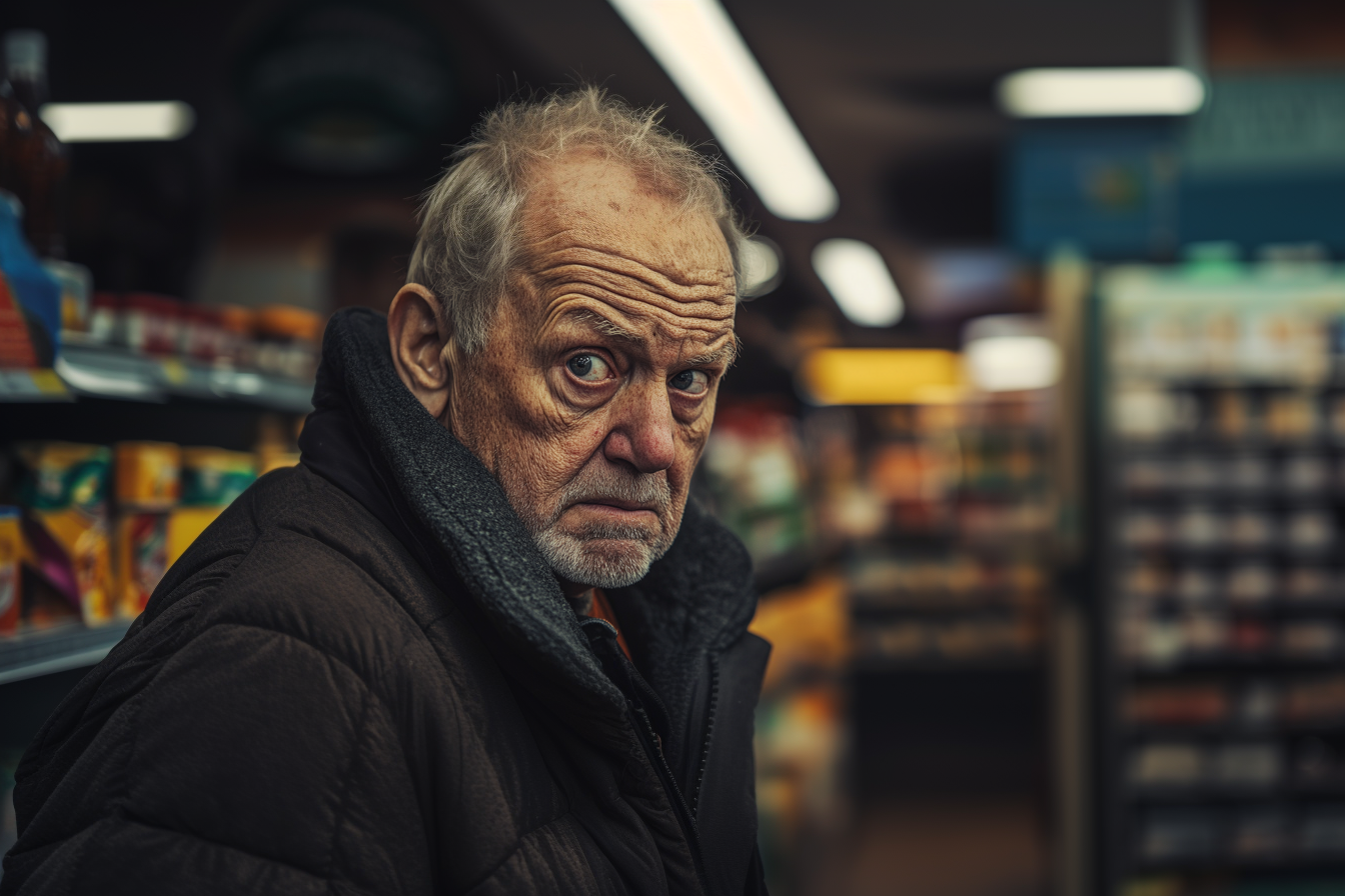 Un hombre sorprendido en una tienda de comestibles | Fuente: Midjourney