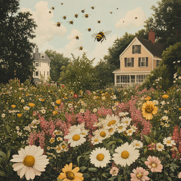 Abejas zumbando en el jardín de flores de una abuela | Fuente: Midjourney