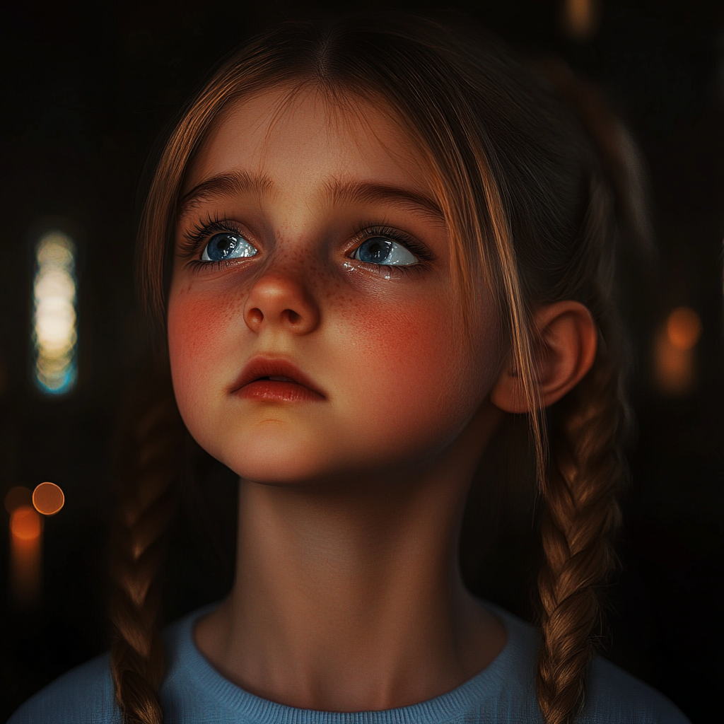 Una niña con los ojos llorosos | Fuente: Midjourney