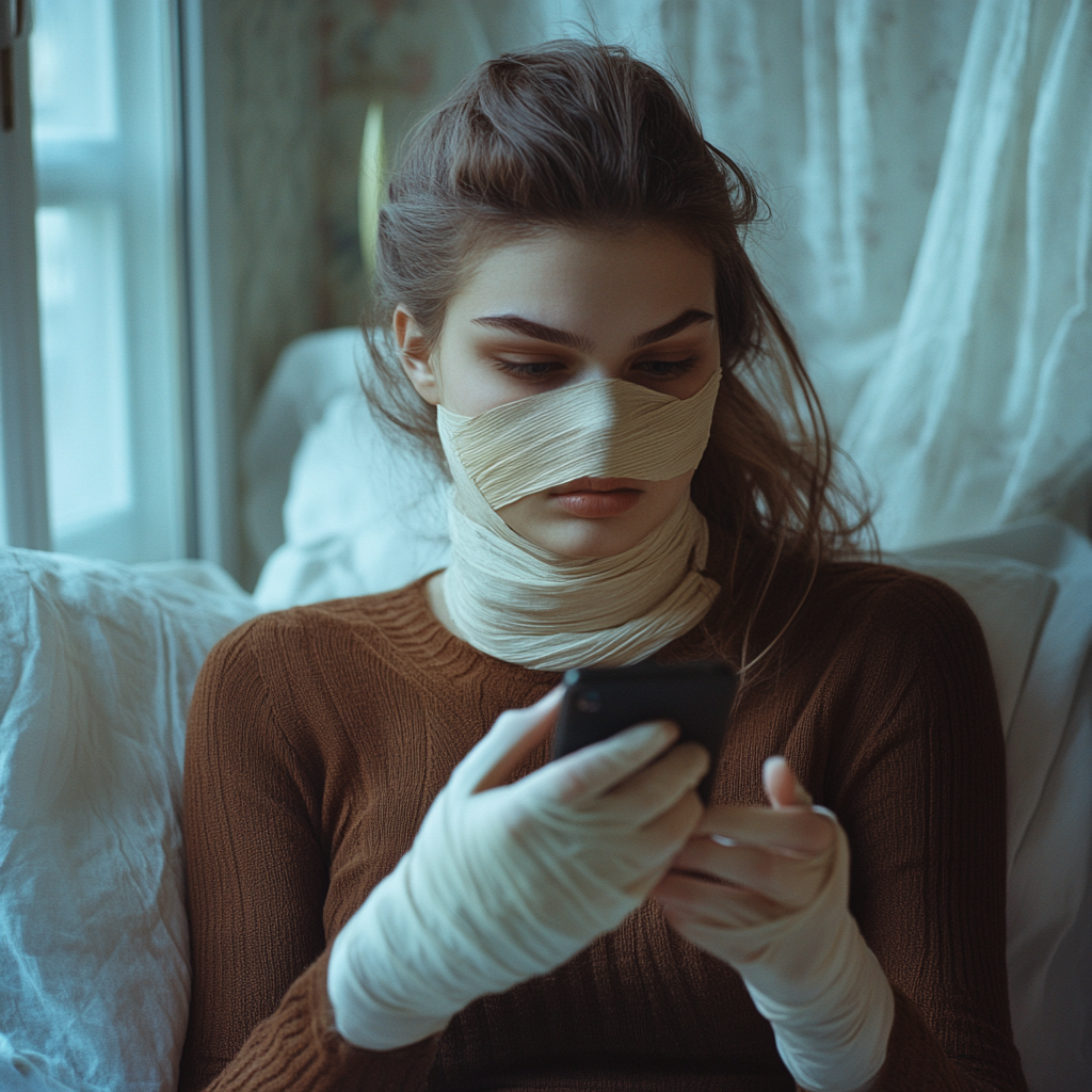 Una mujer infeliz mirando su teléfono | Fuente: Midjourney