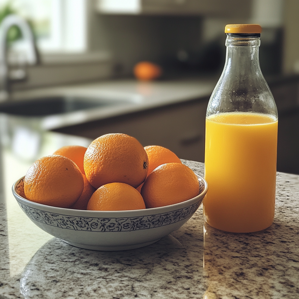 Una botella de zumo de naranja y naranjas frescas en un mostrador | Fuente: Midjourney