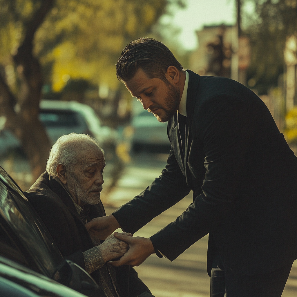 Un joven ayuda a un anciano a entrar en su Automóvil | Fuente: Midjourney