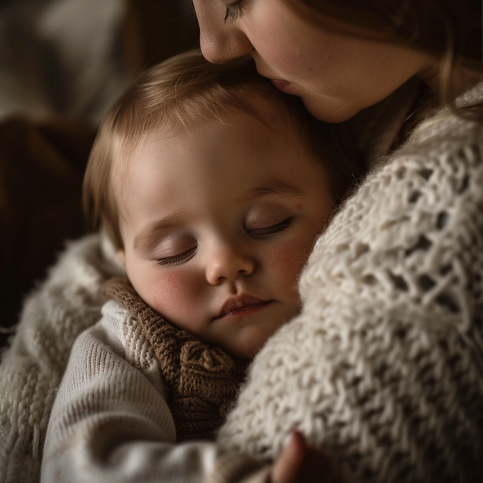 Un bebé durmiendo en brazos de su madre | Fuente: Midjourney