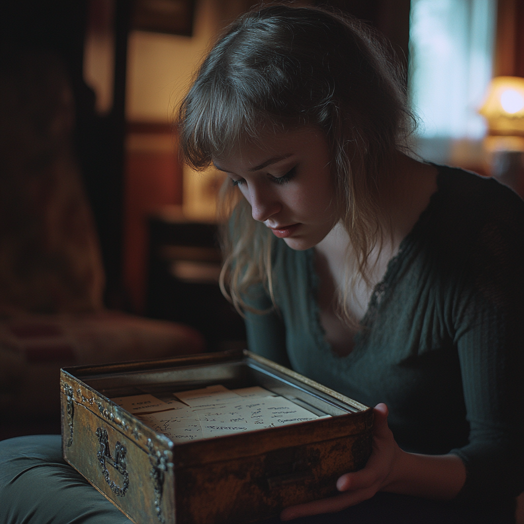 Una mujer mirando dentro de una caja con letras ⏐ Fuente: Midjourney