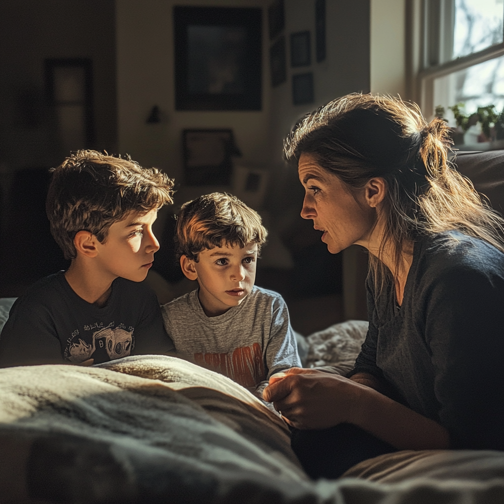 Madre hablando con sus hijos en su habitación | Fuente: Midjourney