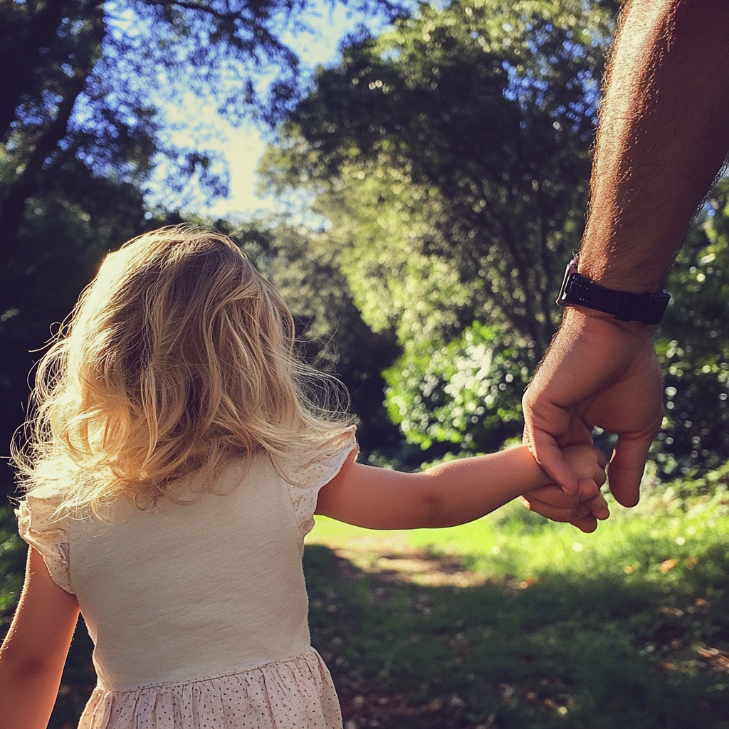 Una niña cogida de la mano de su padre | Fuente: Midjourney