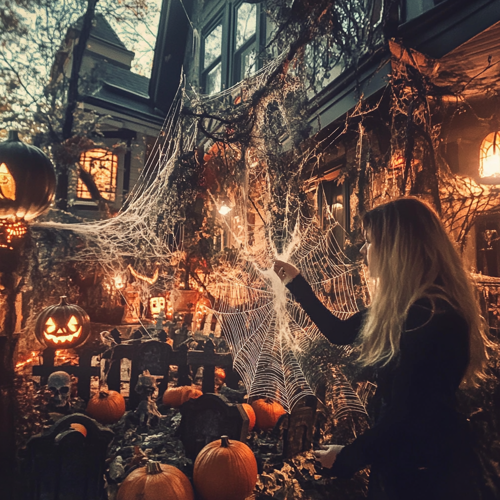 Mujer de pie frente a su casa, rodeada de espeluznantes decoraciones de Halloween. | Fuente: Midjourney