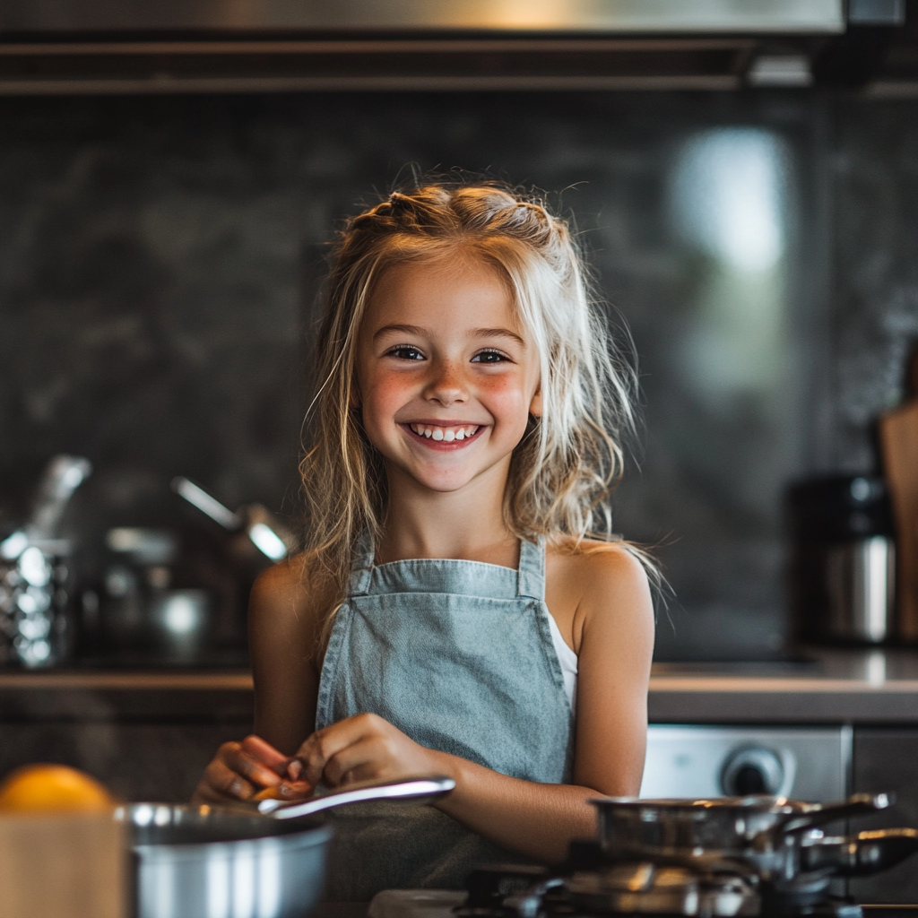 Una chica sonriente cocinando | Fuente: Midjourney