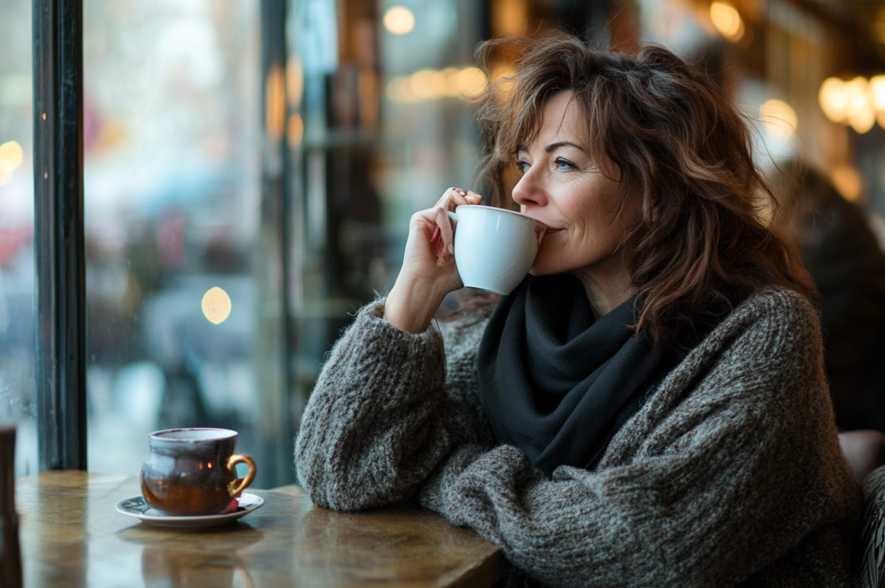 Una mujer bebiendo en un café | Fuente: Midjourney