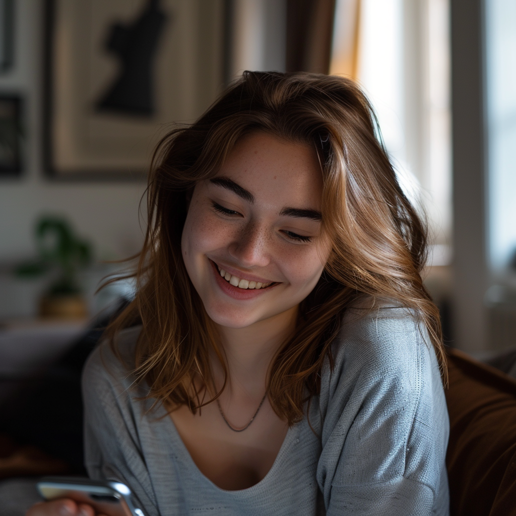 Una mujer sonríe mientras mira la pantalla de su teléfono | Fuente: Midjourney